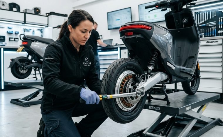 Technician performing an electric scooter maintenance check